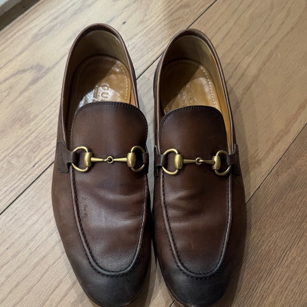 Gucci Dark Brown Leather Loafers with Gold Accents